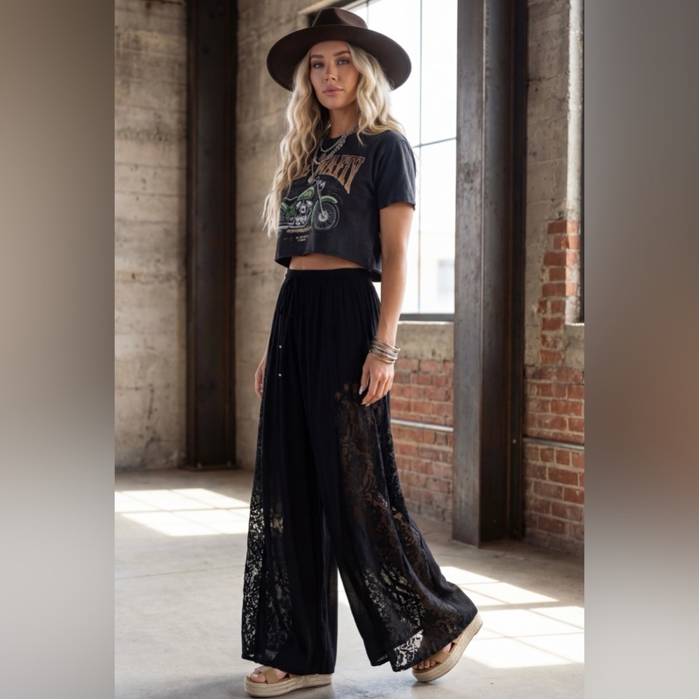 NWT Angie Boho Gypsy Soul Wide Leg Lace Panel Flare Festival Casual Pants Black - Picture 3 of 6